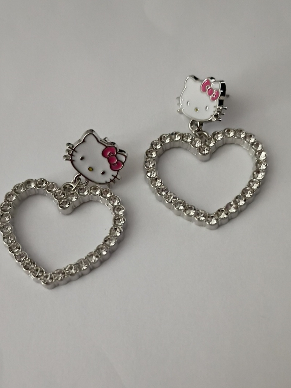 Hello Kitty Silver Rhinestone Heart Drop Earrings with Pink Bows Women/Girls